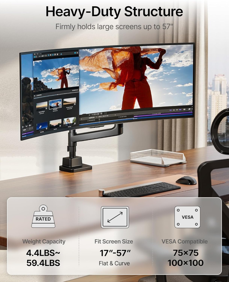 monTEK brazo de monitor Heavy-Duty - 1 monitor - [17-57" / hasta 27 kg] - USB-C y mástil central XXL